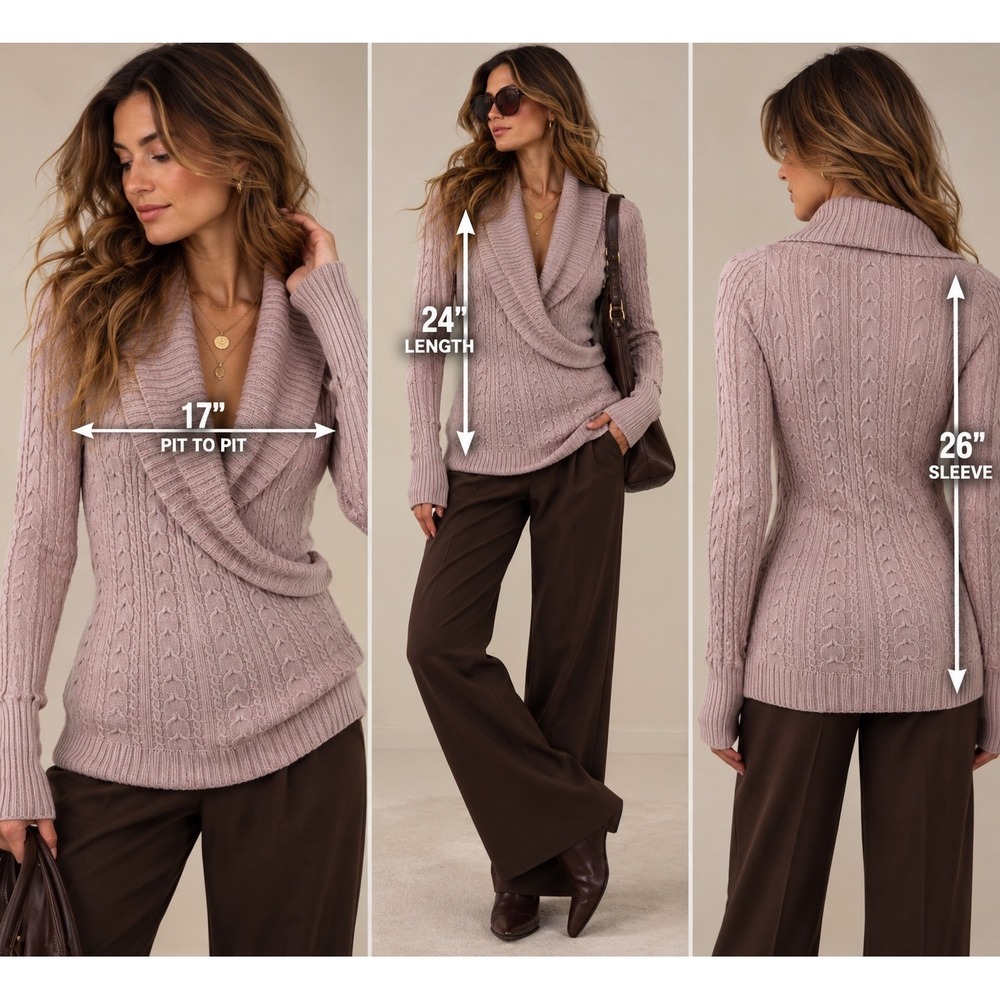 BCBGMAXAZRIA Cable Knit Sweater M Mauve Draped Cowl Shawl Collar Romantic 2010s